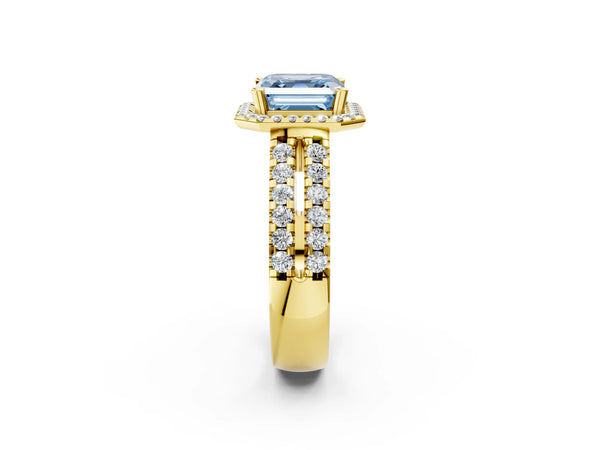 Yellow gold Fancy Blue Asscher  Halo Diamond Split Shank Engagement Ring with Prong Setting