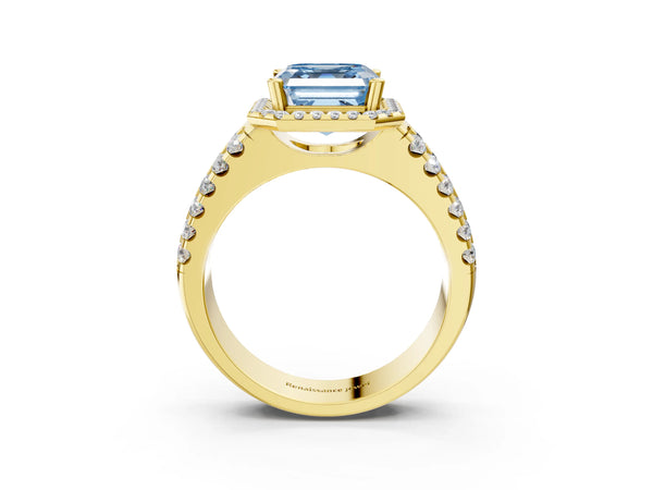 Yellow gold Fancy Blue Asscher  Halo Diamond Split Shank Engagement Ring with Prong Setting