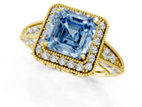 Yellow gold Fancy Blue Asscher  Halo Diamond Split Shank Ring with Milgrain Detail_30