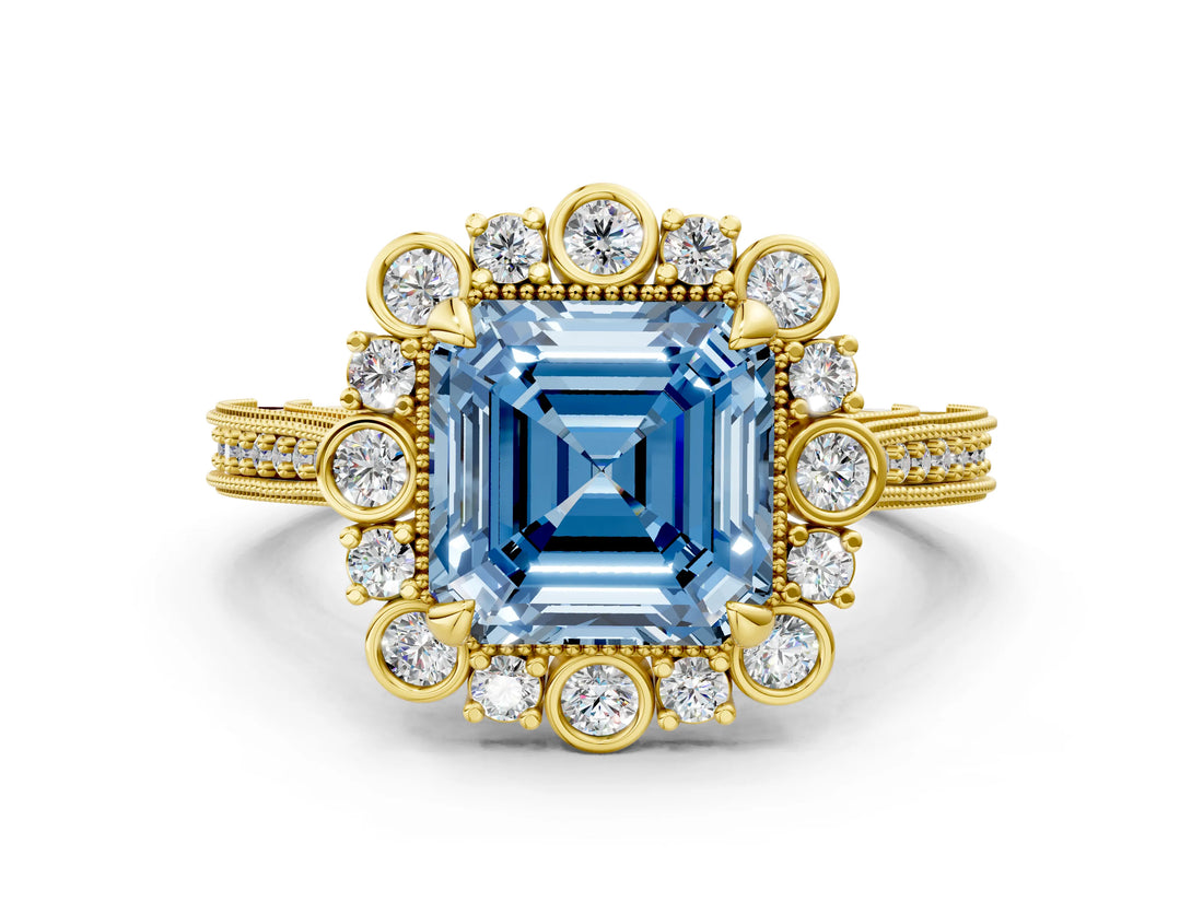 Yellow gold Fancy Blue Asscher  Halo Milgrain Pave Diamond Ring with Four-Prong Setting 1