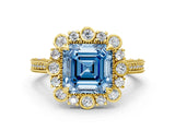 Yellow gold Fancy Blue Asscher  Halo Milgrain Pave Diamond Ring with Four-Prong Setting 1