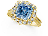 Yellow gold Fancy Blue Asscher  Halo Milgrain Pave Diamond Ring with Four-Prong Setting 2