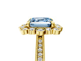 Yellow gold Fancy Blue Asscher  Halo Milgrain Pave Diamond Ring with Four-Prong Setting
