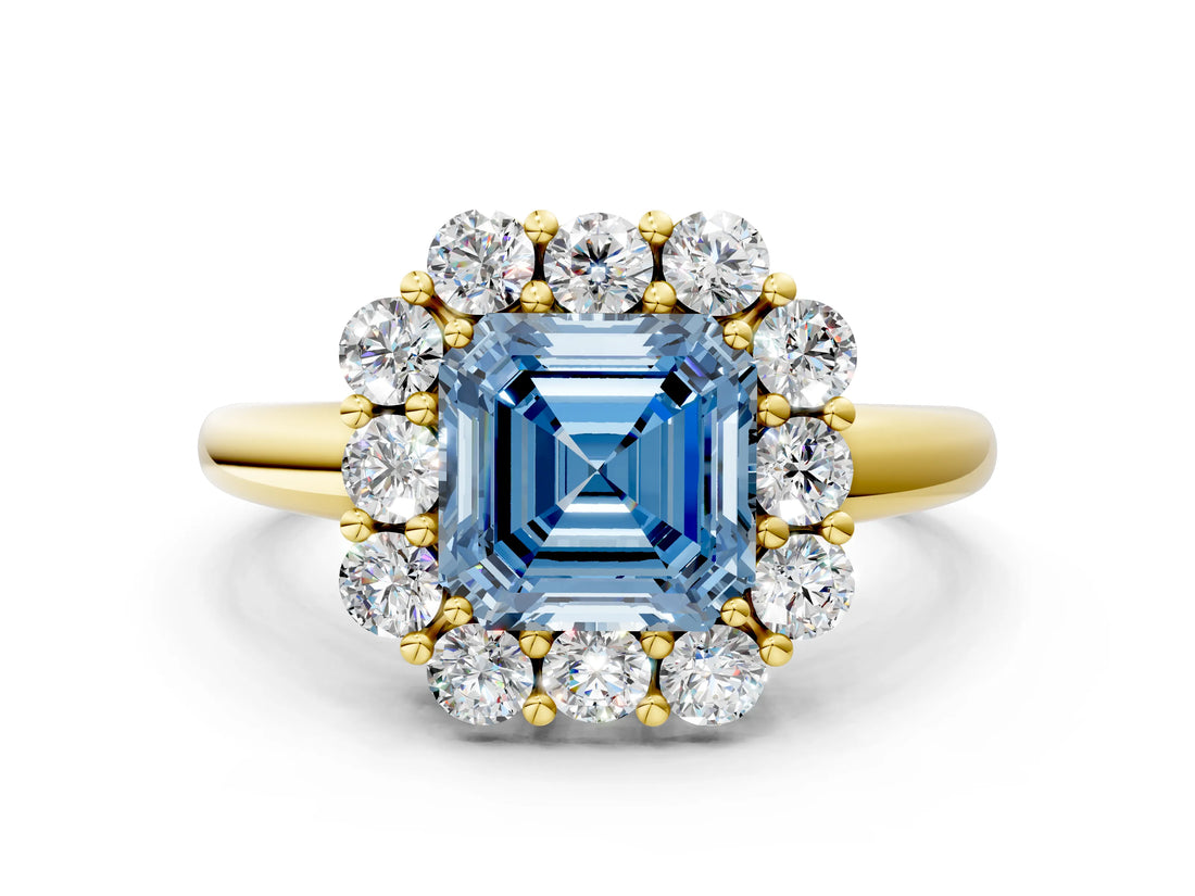 Yellow gold Fancy Blue Asscher  Halo Milgrain Solitaire with Bezel Set Side Stones and Pave Band_32
