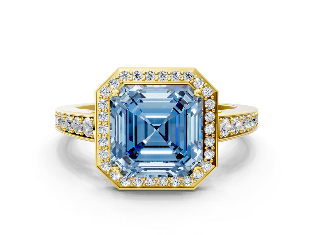 Yellow gold Fancy Blue Asscher  Halo Pavé Diamond Engagement Ring with Bezel Setting