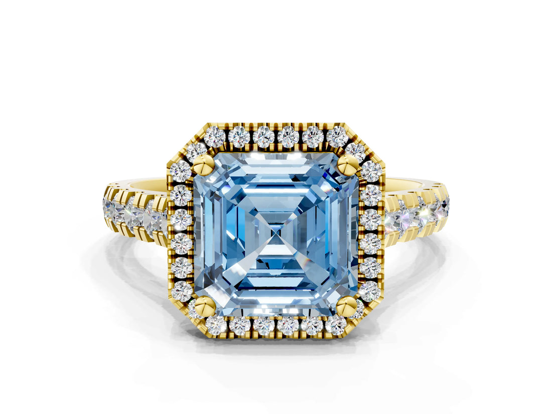 Yellow gold Fancy Blue Asscher  Halo Pavé Diamond Engagement Ring with Four-Prong Setting_26