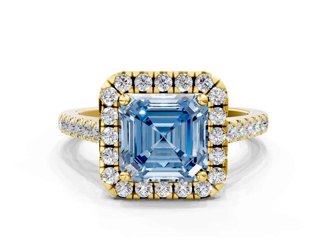 Yellow gold Fancy Blue Asscher  Halo Pavé Diamond Engagement Ring with Four-Prong Setting_3
