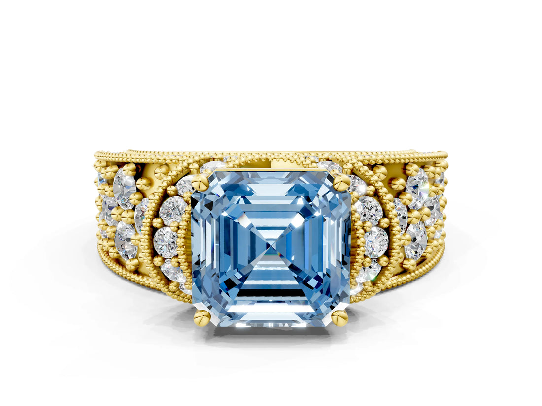 Yellow gold Fancy Blue Asscher  Halo Pave Diamond Engagement Ring with Milgrain Detailing_46