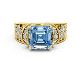 Yellow gold Fancy Blue Asscher  Halo Pave Diamond Engagement Ring with Milgrain Detailing_46