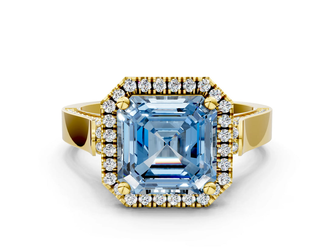 Yellow gold Fancy Blue Asscher  Halo Pave Split Shank Prong Setting Ring_26