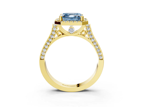 Yellow gold Fancy Blue Asscher  Halo Pave Split Shank Prong Setting Ring