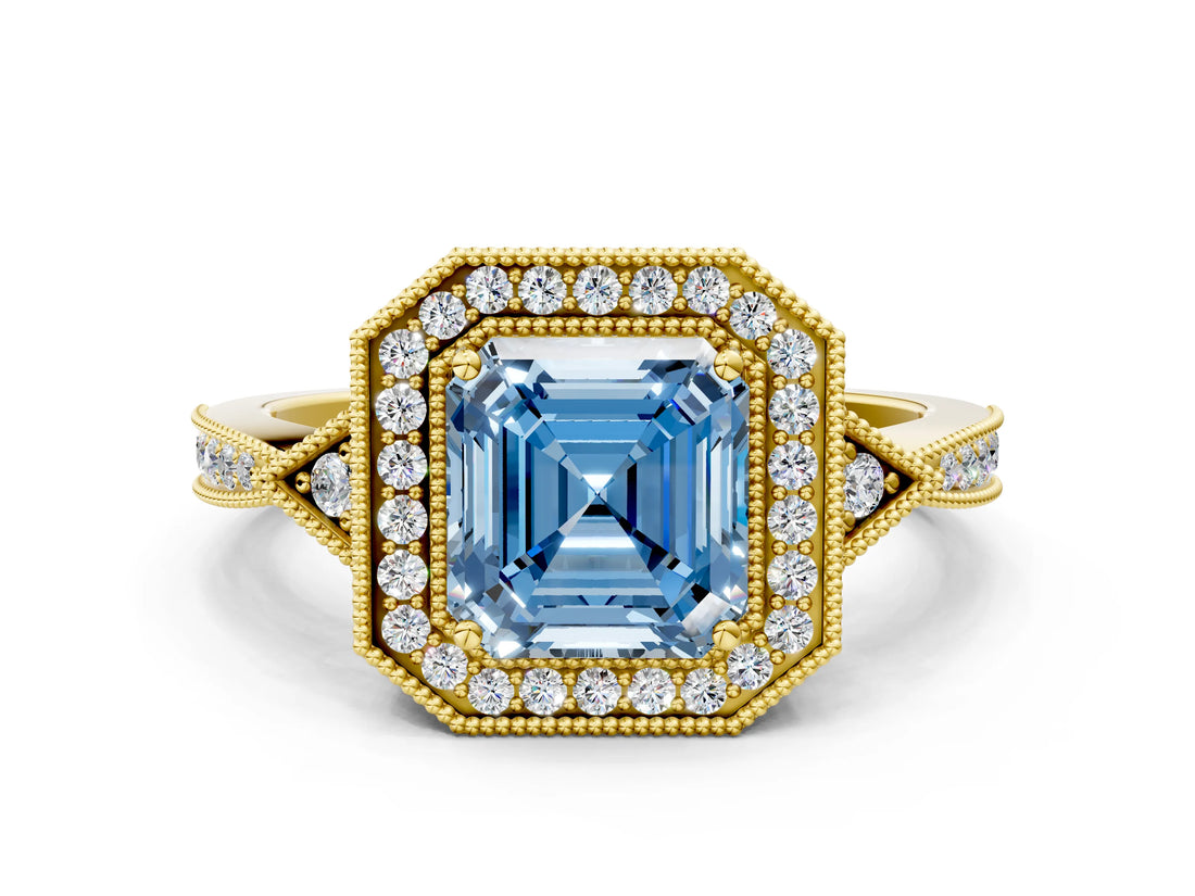 Yellow gold Fancy Blue Asscher  Halo Round Diamond Milgrain Pave Engagement Ring_3