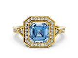 Yellow gold Fancy Blue Asscher  Halo Round Diamond Milgrain Pave Engagement Ring_3