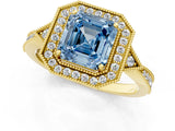 Yellow gold Fancy Blue Asscher  Halo Round Diamond Milgrain Pave Engagement Ring_4