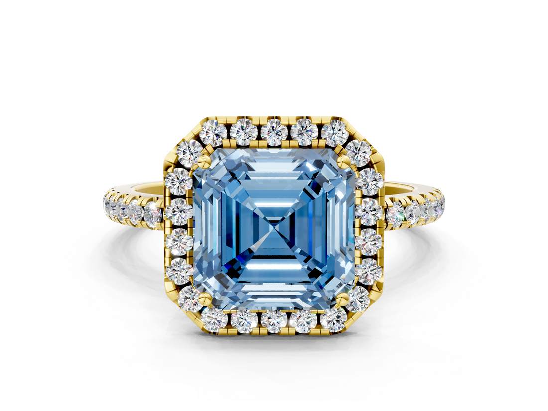 Yellow gold Fancy Blue Asscher  Halo Round Diamond Pavé Band Four-Prong Ring_3