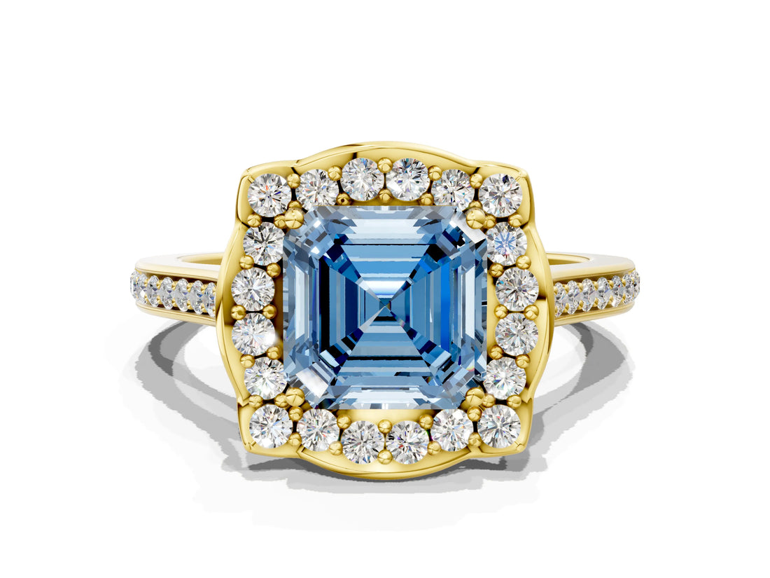 Yellow gold Fancy Blue Asscher  Halo Round Diamond Pave Band with Four-Prong Setting_57