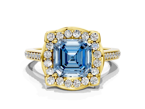 Yellow gold Fancy Blue Asscher  Halo Round Diamond Pave Band with Four-Prong Setting