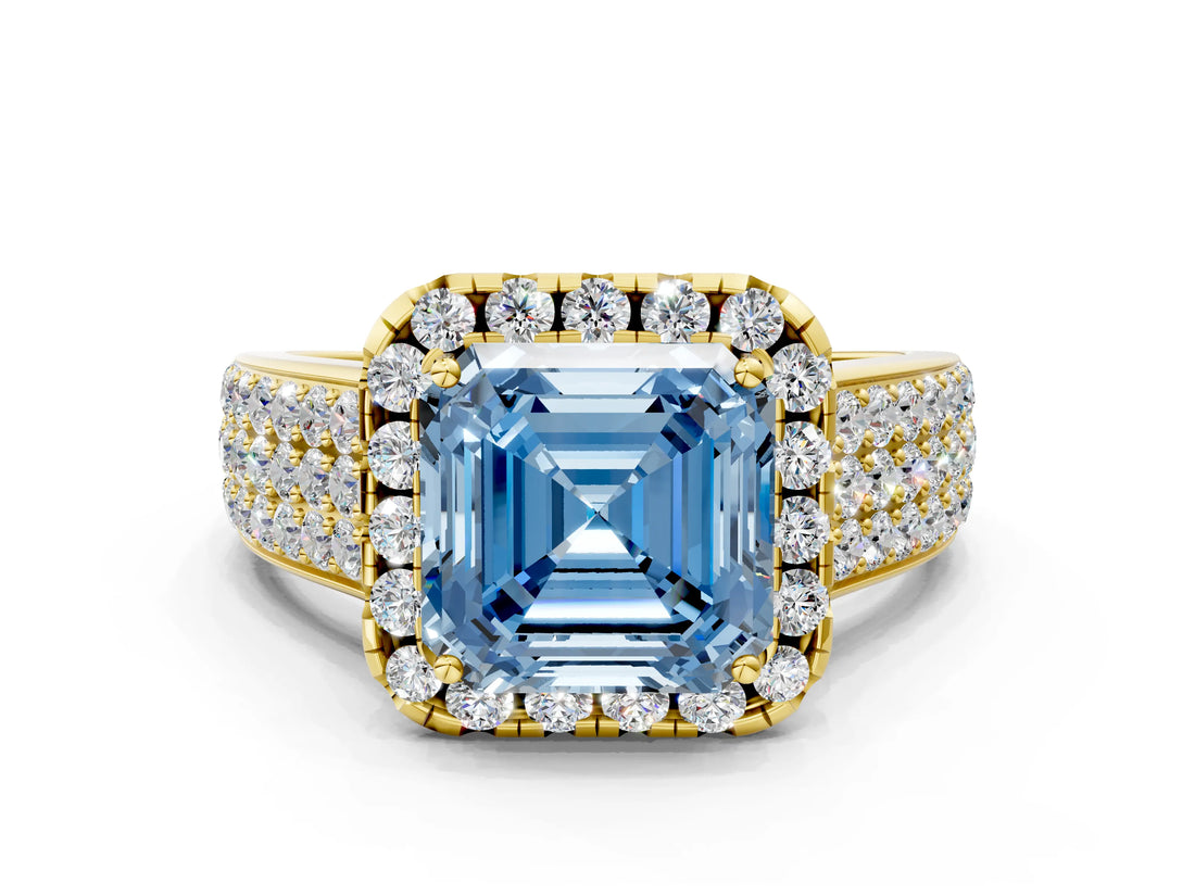 Yellow gold Fancy Blue Asscher  Halo Round Diamond Pave Band with Prong Setting 1