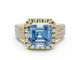 Yellow gold Fancy Blue Asscher  Halo Round Diamond Pave Band with Prong Setting 1
