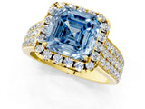 Yellow gold Fancy Blue Asscher  Halo Round Diamond Pave Band with Prong Setting 2