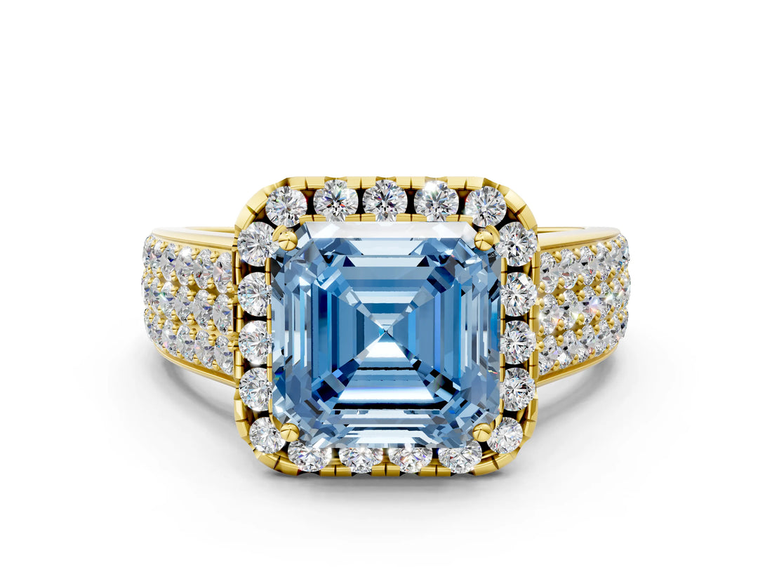 Yellow gold Fancy Blue Asscher  Halo Round Diamond Pave Band with Prong Setting_12