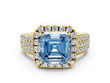 Yellow gold Fancy Blue Asscher  Halo Round Diamond Pave Band with Prong Setting_12