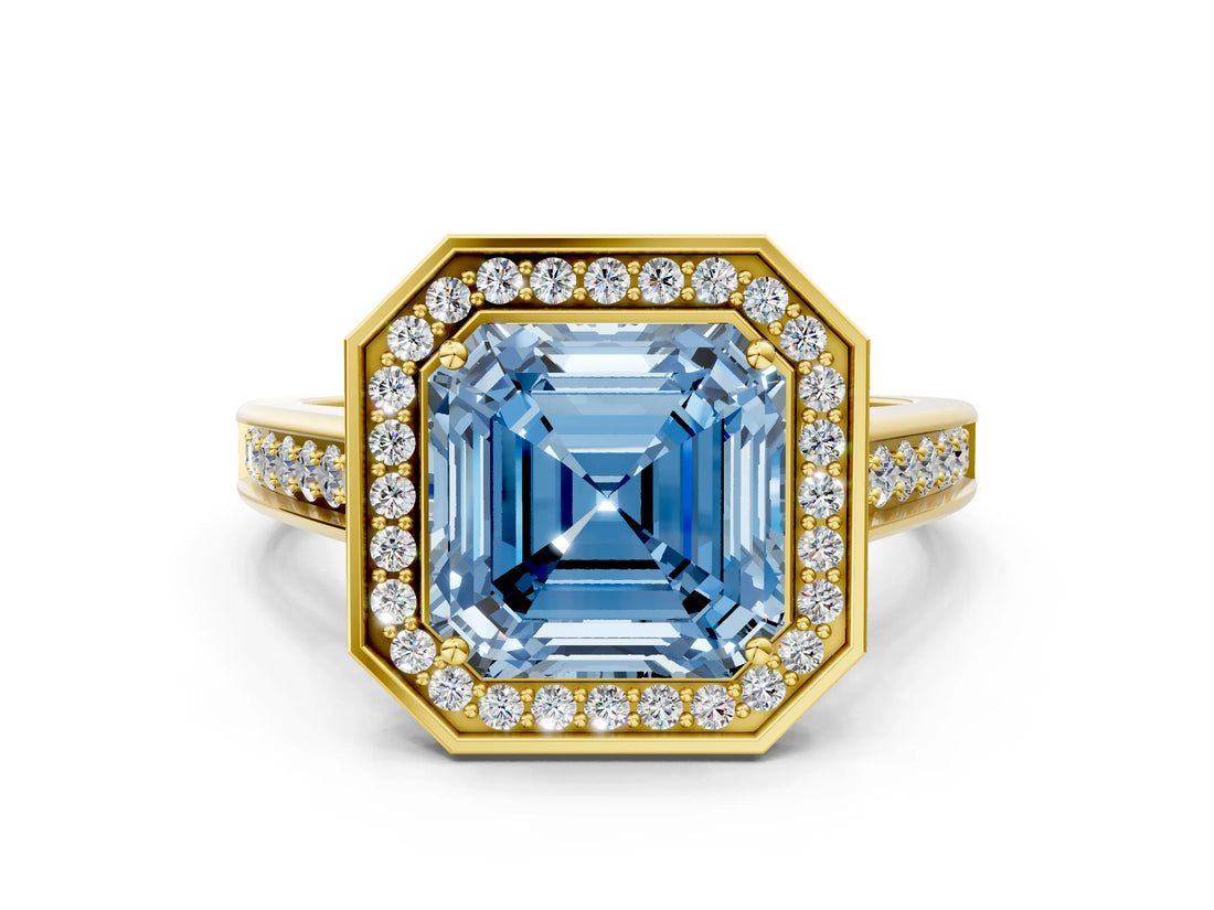 Yellow gold Fancy Blue Asscher  Halo Solitaire Diamond Ring with Pave Band and Bezel Setting_47