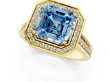 Yellow gold Fancy Blue Asscher  Halo Solitaire Diamond Ring with Pave Band and Bezel Setting_48