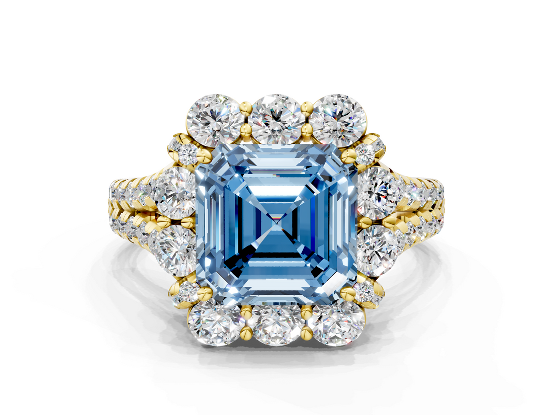 Yellow gold Fancy Blue Asscher  Halo Split Shank Diamond Engagement Ring with Pave Band and Four-Prong Setting_17