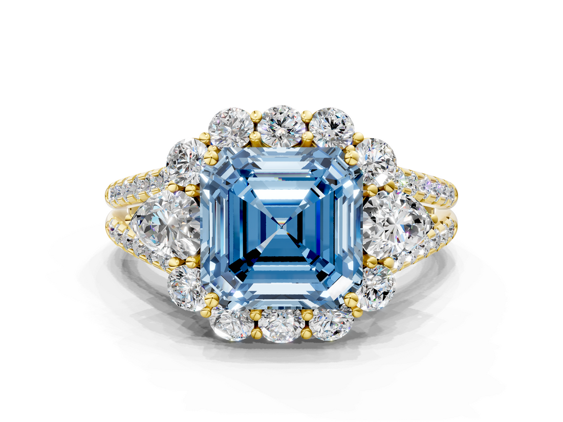 Yellow gold Fancy Blue Asscher  Halo Split Shank Diamond Engagement Ring with Prong Setting_18