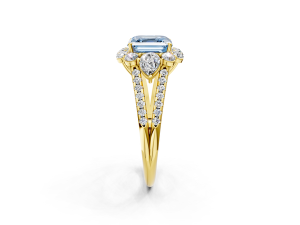 Yellow gold Fancy Blue Asscher  Halo Split Shank Diamond Engagement Ring with Prong Setting
