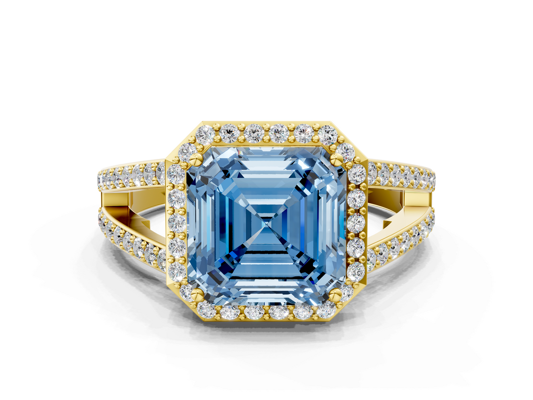 Yellow gold Fancy Blue Asscher  Halo Split Shank Diamond Ring with Four-Prong Setting_17