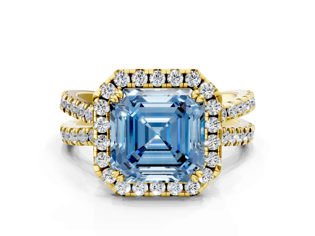 Yellow gold Fancy Blue Asscher  Halo Split Shank Diamond Ring with Pavé Setting_43