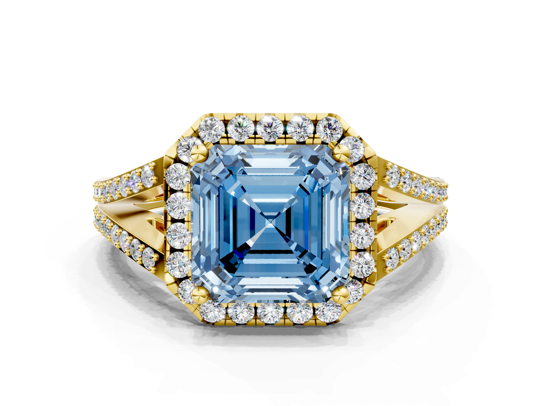 Yellow gold Fancy Blue Asscher  Halo Split Shank Diamond Ring with Prong Setting
