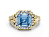 Yellow gold Fancy Blue Asscher  Halo Split Shank Diamond Ring with Prong Setting