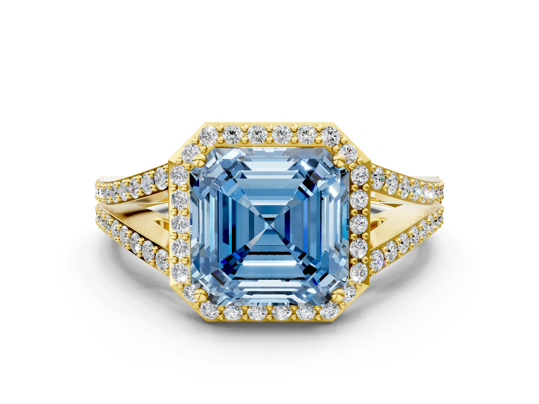 Yellow gold Fancy Blue Asscher  Halo Split Shank Pave Diamond Ring with Four-Prong Setting_47