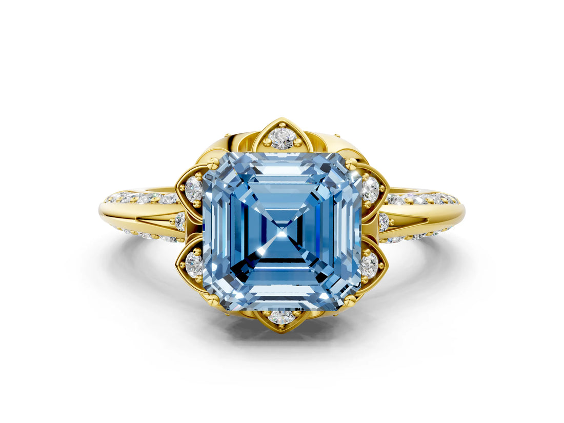 Yellow gold Fancy Blue Asscher  Halo Split Shank Pave Diamond Ring with Petal Prong Setting_21