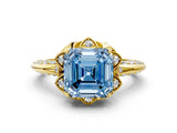 Yellow gold Fancy Blue Asscher  Halo Split Shank Pave Diamond Ring with Petal Prong Setting_21