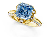 Yellow gold Fancy Blue Asscher  Halo Split Shank Pave Diamond Ring with Petal Prong Setting_22