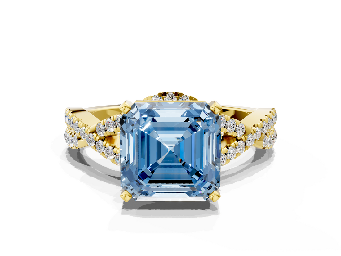 Yellow gold Fancy Blue Asscher  Halo Twist Band Solitaire Prong Setting Ring