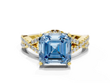 Yellow gold Fancy Blue Asscher  Halo Twist Band Solitaire Prong Setting Ring