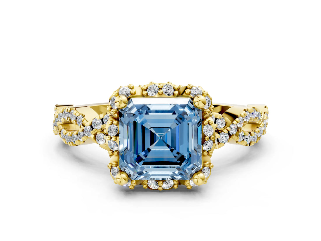 Yellow gold Fancy Blue Asscher  Halo Twist Band Solitaire Ring with Six-Prong Setting_33