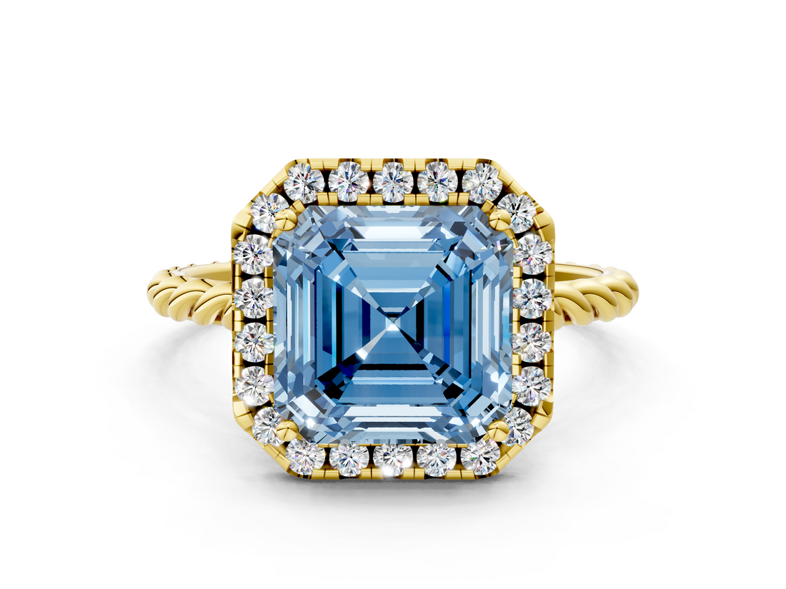 Yellow gold Fancy Blue Asscher  Halo Twisted Band Four-Prong Diamond Ring