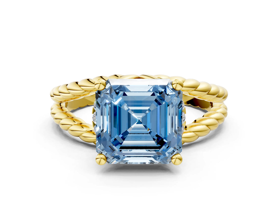 Yellow gold Fancy Blue Asscher  Halo Twisted Band Four-Prong Ring_31