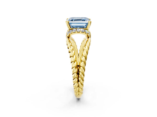 Yellow Gold Asscher Cut Engagement Ring Setting for Fancy Blue Center with Rope Split Shank