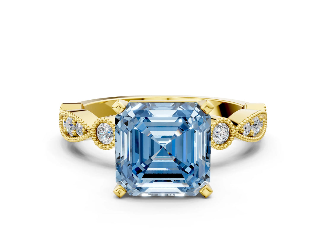 Yellow gold Fancy Blue Asscher  Milgrain Bezel Diamond Engagement Ring with Solitaire Prong Setting_29