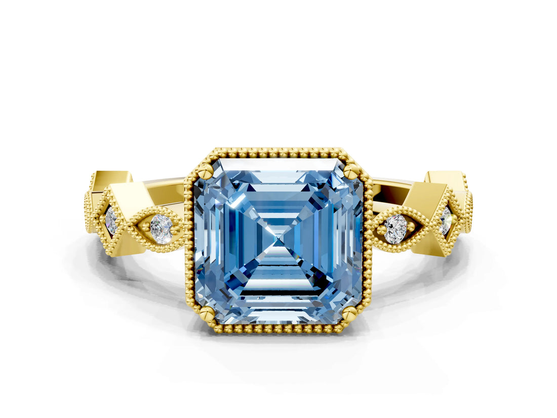 Yellow gold Fancy Blue Asscher  Milgrain Marquise Diamond Twist Band Ring_57