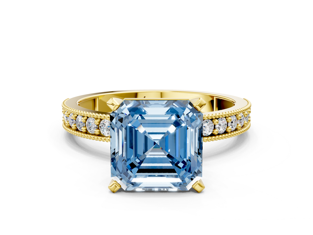 Yellow gold Fancy Blue Asscher  Milgrain Pave Diamond Engagement Ring with Four-Prong Setting