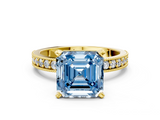 Yellow gold Fancy Blue Asscher  Milgrain Pave Diamond Engagement Ring with Four-Prong Setting