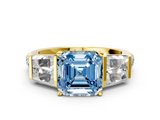 Yellow gold Fancy Blue Asscher  Solitaire Baguette Side Stone Channel Set Engagement Ring